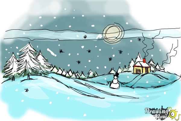 How to Draw Winter Cottage (Christmas) Step by Step |  DrawingTutorials101.com