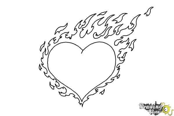 pencil drawings of hearts with flames